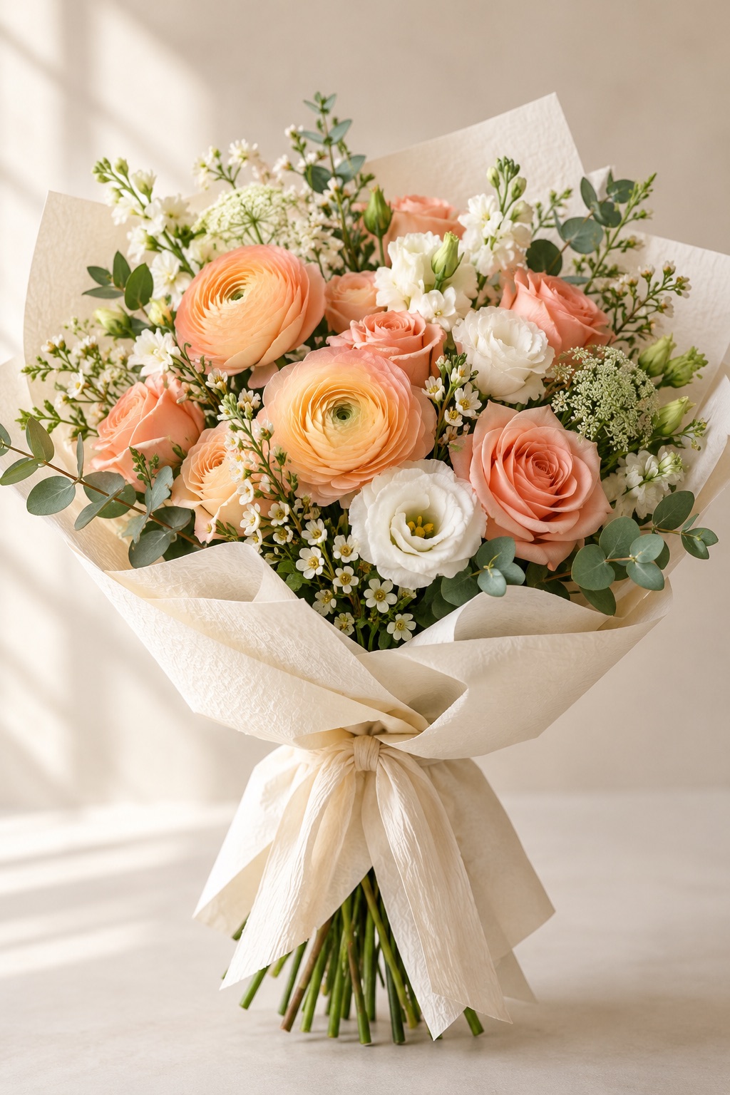 Illustrative peach and ivory celebration bouquet