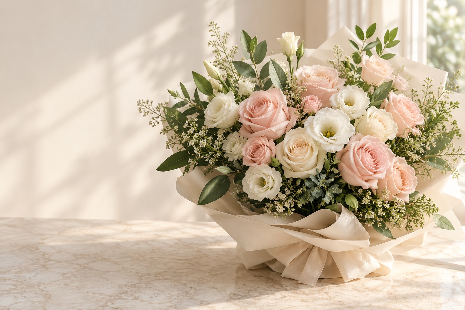 Illustrative bouquet of blush and ivory flowers