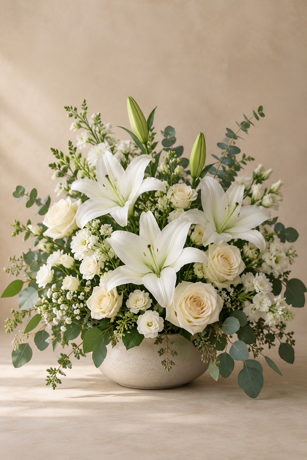 Illustrative white lily and rose sympathy arrangement